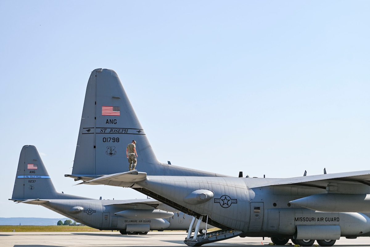 A U.S. Airman with the 139th Airlift Wing, Missouri National Guard, performs an aircraft inspection in preparation for exercise Air Defender 2023 (AD23) at Wunstorf Air Base, Wunstorf, Germany, June 5, 2023. Exercise AD23 integrates both U.S. and Allied air-power to defend shared values, while leveraging and strengthening vital partnerships to deter aggression around the world. (U.S. Air National Guard photo by Master Sgt. Caila Arahood)