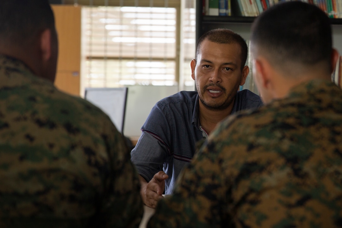 U.S. Marines with 4th Civil Affairs Group, Force Headquarters Group, in support of Special Purpose Marine Air-Ground Task Force UNITAS LXIV, meet with Rafael Ospina Toscano, mayor of Coveñas, along with other civilian leaders in Coveñas, Colombia, July 11, 2023. By meeting with local leaders, Marines forge bonds for the long-term advancement of regional security, maintaining favorable partnerships that deter aggression and supporting the stability that generates economic growth. UNITAS focuses on strengthening existing regional partnerships and encouraging the establishment of new relationships through the exchange of maritime mission-focused knowledge and expertise. (U.S. Marine Corps photo by LCpl. Samuel Qin)