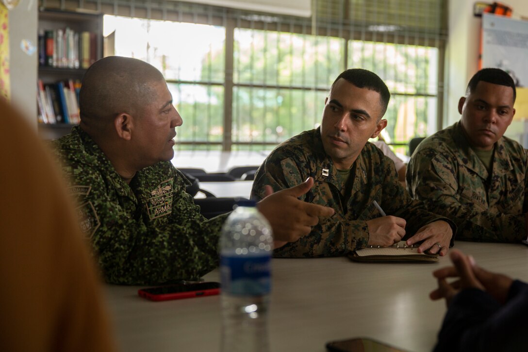 U.S. Marines with 4th Civil Affairs Group, Force Headquarters Group, in support of Special Purpose Marine Air-Ground Task Force UNITAS LXIV, meet with Rafael Ospina Toscano, mayor of Coveñas, along with other civilian leaders in Coveñas, Colombia, July 11, 2023. By meeting with local leaders, Marines forge bonds for the long-term advancement of regional security, maintaining favorable partnerships that deter aggression and supporting the stability that generates economic growth. UNITAS focuses on strengthening existing regional partnerships and encouraging the establishment of new relationships through the exchange of maritime mission-focused knowledge and expertise. (U.S. Marine Corps photo by LCpl. Samuel Qin)