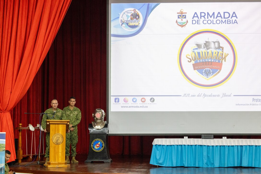 Infantería de Marina Colombiana [Colombian Marine Corps] Brig. Gen. Jorge Federico Torres Mora, The Commandant of the Infantería de Marina Colombiana gives final remarks during the closing ceremony of exercise SOLIDAREX, aboard Escuela de Formación de Infantería Marina Coveñas in Coveñas, Colombia, July 10, 2023. Twelve ships from eight countries participated in the humanitarian assistance exercise designed to train a multinational task force to respond to large-scale emergencies. This was the largest exercise of this kind in the Caribbean. (U.S. Marine Corps photo by Sgt. Juan Carpanzano)