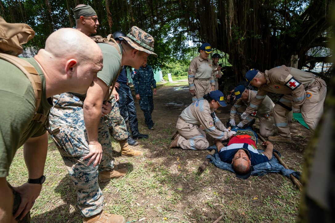 U.S. Navy Sailors from Combat Logistics Battalion 8, Combat Logistics Regiment 27, 2nd Marine Logistics Group, in support of Special Purpose Marine Air-Ground Task Force UNITAS LXIV, conduct Multinational Operation Solidarex 2023 aboard Escuela de Formación de Infantería Marina Coveñas in Coveñas, Colombia, July 9, 2023. Twelve ships from eight countries participated in the humanitarian assistance exercise designed to train a multinational task force to respond to large-scale emergencies. This was the largest exercise of this kind in the Caribbean. (U.S. Marine Corps photo by Sgt. Juan Carpanzano)