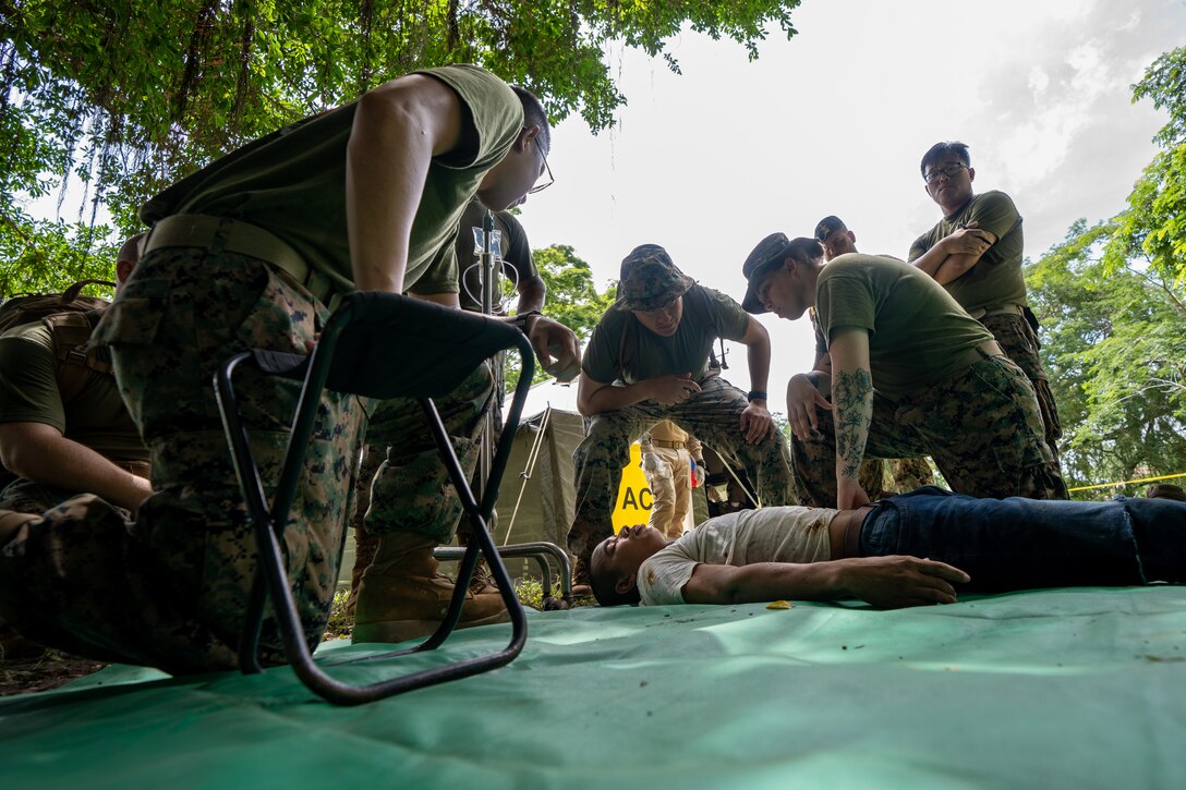 U.S. Navy Sailors from Combat Logistics Battalion 8, Combat Logistics Regiment 27, 2nd Marine Logistics Group, in support of Special Purpose Marine Air-Ground Task Force UNITAS LXIV, conduct Multinational Operation Solidarex 2023 aboard Escuela de Formación de Infantería Marina Coveñas in Coveñas, Colombia, July 9, 2023. Twelve ships from eight countries participated in the humanitarian assistance exercise designed to train a multinational task force to respond to large-scale emergencies. This was the largest exercise of this kind in the Caribbean. (U.S. Marine Corps photo by Sgt. Juan Carpanzano)