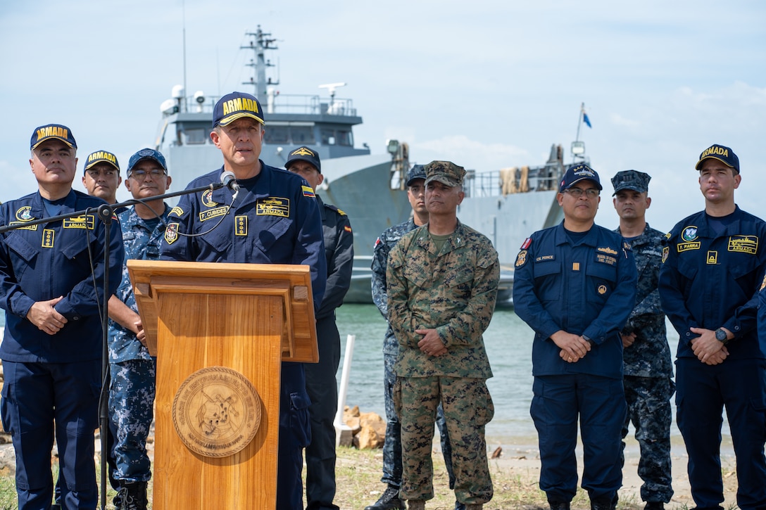 Colombian National Navy Almirante (Admiral) Francisco Hernando Cubides, Colombia National Navy Commander, speaks at a press conference during Multinational Operation Solidarex 2023 aboard Escuela de Formación de Infantería Marina Coveñas in Coveñas, Colombia, July 9, 2023. Twelve ships from eight countries participated in the humanitarian assistance exercise designed to train a multinational task force to respond to large-scale emergencies. This was the largest exercise of this kind in the Caribbean. (U.S. Marine Corps photo by Sgt. Juan Carpanzano)