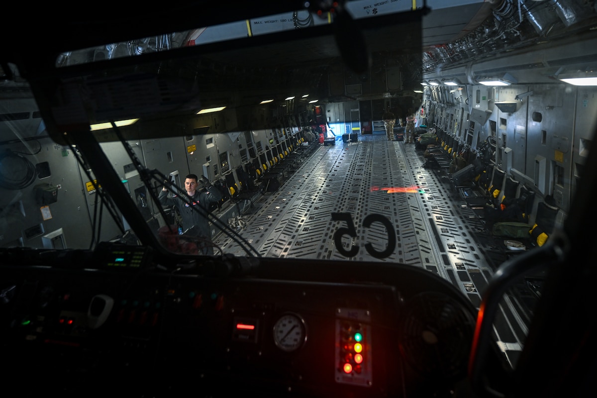 Photo of the inside of the C-17 from the inside of the firetruck.