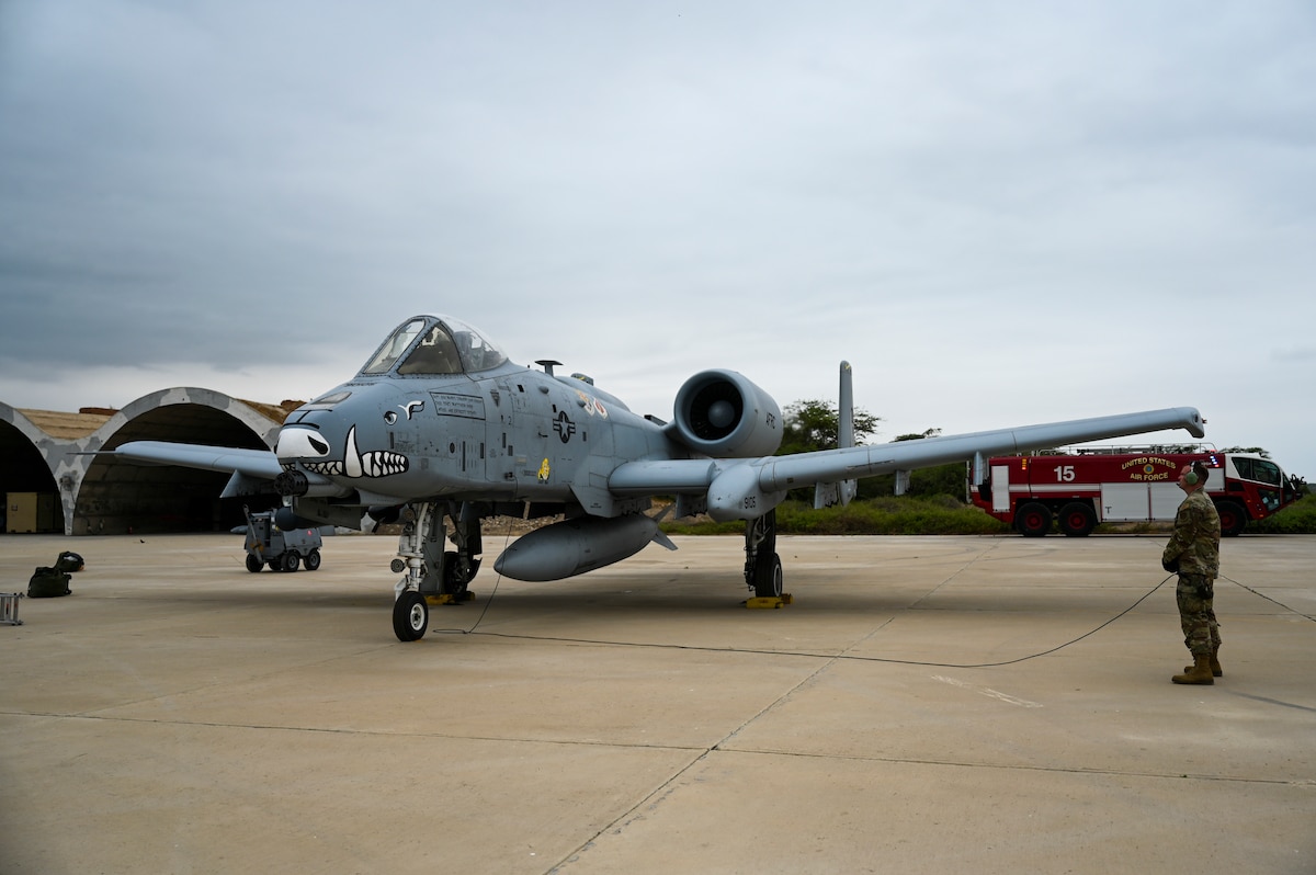 Master Sgt. Matthew Pope, a crew chief deployed from the 924th Fighter Group at Davis-Monthan Air Force Base, Ariz., launches the first-ever A-10 sortie from South America July 11, 2023, at Chiclayo, Peru. The A-10s are deployed from Davis-Monthan Air Force Base, Ariz., as part of Patriot Fury, the first Air Force Reserve-led international exercise in South America focusing on agile combat employment and the new Air Force Force Gerneration model. (U.S. Air Force photo by Master Sgt. Bob Jennings)