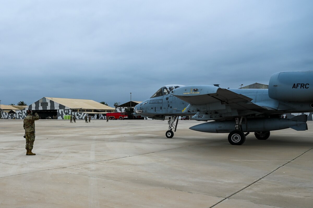 Master Sgt. Matthew Pope, a crew chief deployed from the 924th Fighter Group at Davis-Monthan Air Force Base, Ariz., launches the first-ever A-10 sortie from South America July 11, 2023, at Chiclayo, Peru. The A-10s are deployed from Davis-Monthan Air Force Base, Ariz., as part of Patriot Fury, the first Air Force Reserve-led international exercise in South America focusing on agile combat employment and the new Air Force Force Gerneration model. (U.S. Air Force photo by Master Sgt. Bob Jennings)