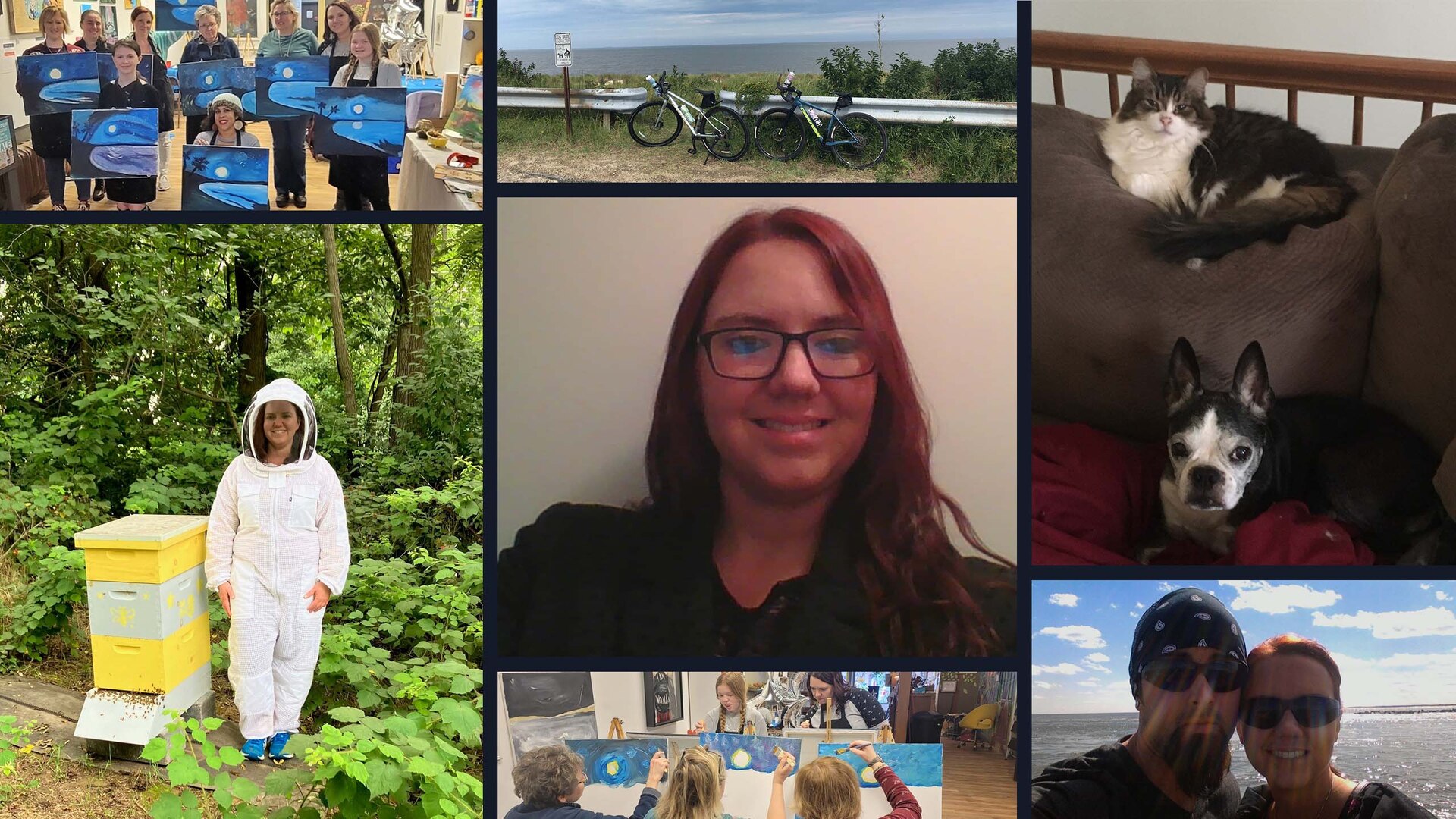 multiple images of Natalie including friends painting, beekeeping uniform, cat and dog and couple.