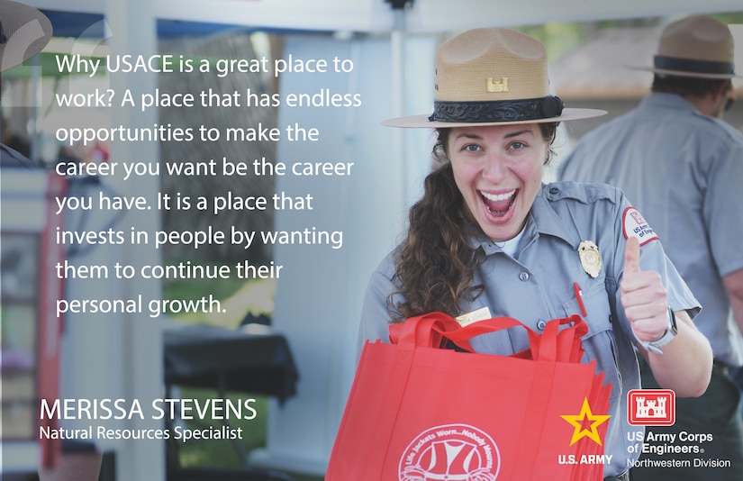 A woman wearing her park ranger uniform and hat. She is holding water safety themed gift bags, smiling and giving an enthusiastic thumbs up. The words in the caption are over the blurred background.