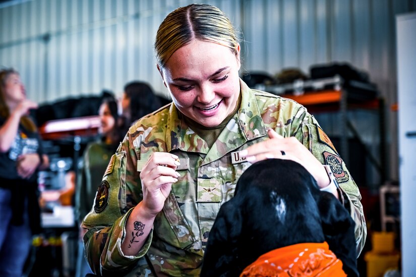 Service members, their families, and volunteers with the Bright and Beautiful Therapy Dogs organization interact with K-9s during a visit to Joint Base McGuire-Dix-Lakehurst, N.J. on 23 June, 2023. Bright and Beautiful Therapy Dogs is a non-profit organization that trains, evaluates and qualifies dogs and their handlers to become certified therapy dog teams. Once certified, teams may visit nursing homes, assisted living facilities, homeless shelters, schools, libraries, universities, mental health facilities, and more. The visit was a first for the Joint Base, where support for Comprehensive Airman Fitness and the resiliency factor across the Joint Force remains a top-line priority for leadership.