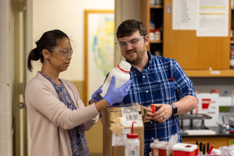 Dr. Travis Thornell, a research physical scientist at the U.S. Army Engineer Research and Development Center’s (ERDC) Concrete and Materials Branch (CMB) of the Geotechnical and Structures Laboratory (GSL), and Debbie Brenner, a RESET Teacher Program participant who teaches at New Century Technology High School in Huntsville, Alabama, explore tools to utilize during their research experiment.