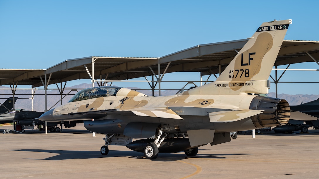 An F-16 Fighting Falcon taxis before takeoff, July 10, 2023, at Luke Air Force Base, Arizona.