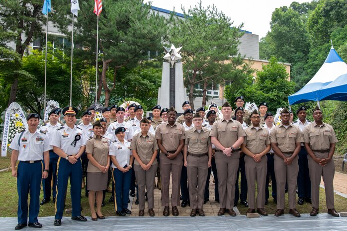 U.S. Army Soldiers join Korean officials, citizens and other Cheonan City residents to honor the fallen during the Battle of Cheonan Commemoration Ceremony held at Martin Park in Cheonan City, July 8. The Battle of Cheonan marked the third engagement between U.S. and North Korean forces during the Korean War and took place July 7-8, 1950. The ceremony is in honor of U.S. Army Col. Robert R. Martin, the namesake of the park, who along with 108 U.S. Soldiers from the 34th Infantry Regiment perished in the battle. (U.S. Army photo by Spc. Kianna Scott)