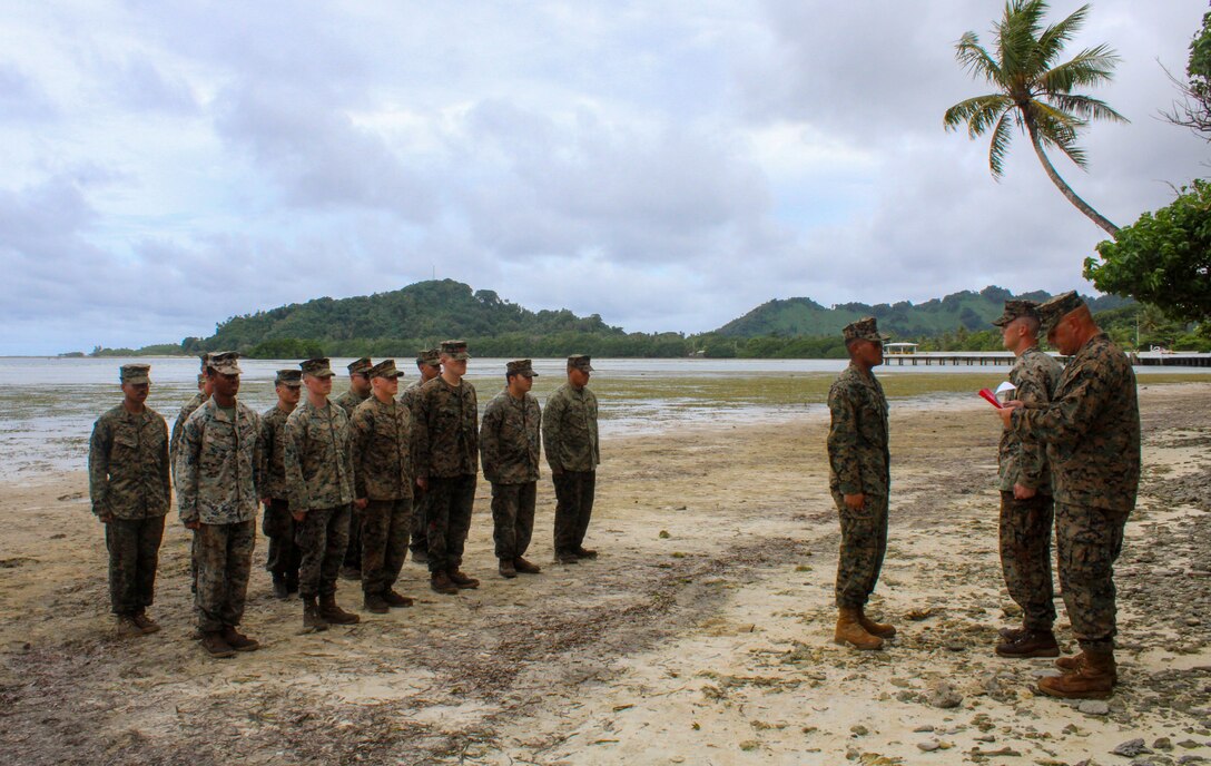 U.S. Marine Corps Private First Class Alexiander Sigrah, a Kosrae native and an automotive maintenance technician with Task Force Koa Moana 23, is promoted to the rank of Private First Class in Kosrae, Federated States of Micronesia, July 4, 2023. “I am excited to be able to go back home and fix a lot of stuff that I’ve always wanted to be involved in helping with,” said Sigrah. Task Force Koa Moana deployed to the Indo-Pacific to strengthen relationships with Pacific Island partners through bilateral and multilateral security cooperation and community engagements. (U.S. Marine Corps Courtesy Photo)
