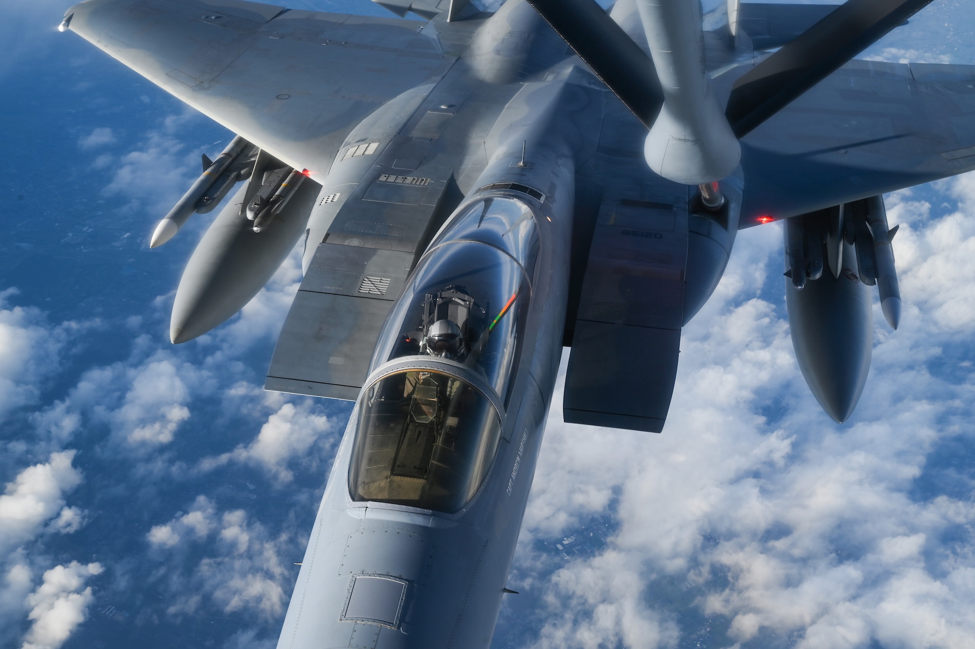 An F-15 conducts aerial refueling.