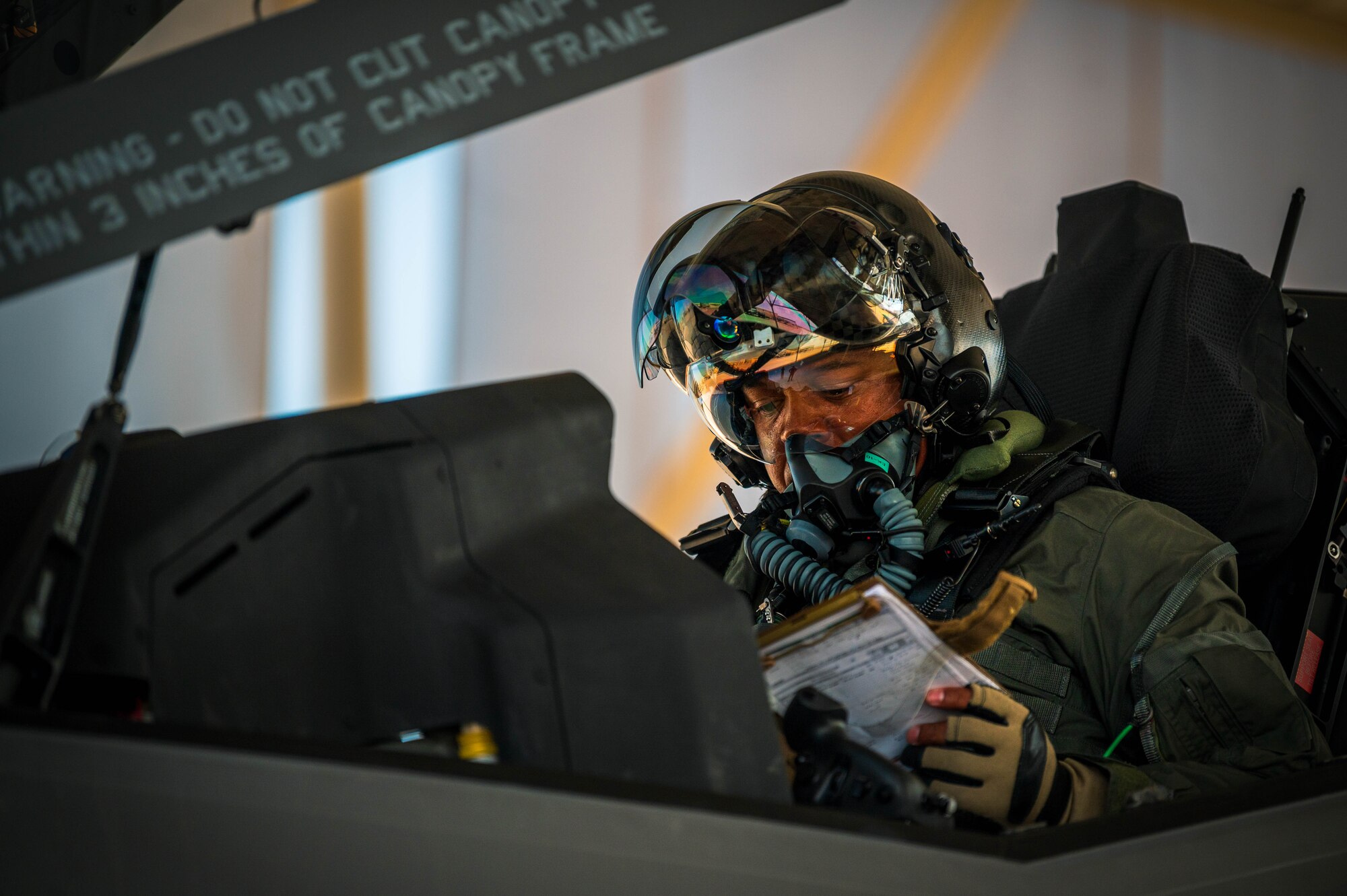 U.S. Air Force Lt. Col. Richard Peace, 187th Operations Support Squadron commander, prepares for takeoff in an F-35 Lightning II jet.