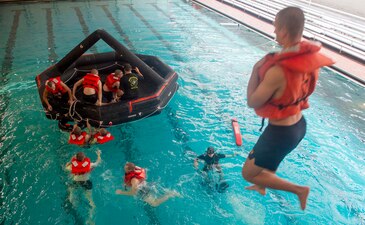 Naval ROTC New Student Indoctrination (NSI) Cycle 2 midshipman candidates participate in a man overboard exercise at RTC.