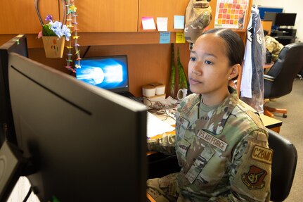 U.S. Air Force Airman 1st Class Faith Calaro, 169th Air Defense Squadron surveillance technician, monitors her workstation on June 3, 2023 at Wheeler Army Airfield, Hawaii.