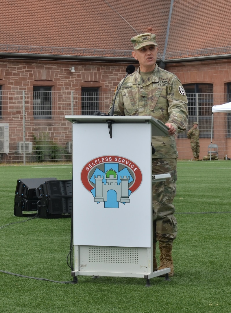 U.S. Army Col. Theodore R. Brown provides remarks during a change of command ceremony where U.S. Army Col. Andrew L. Landers relinquished command of Landstuhl Regional Medical Center to Brown at LRMC, June 29. Landstuhl Regional Medical Center is the largest American military medical center outside of the United States and plays a strategic role as the sole evacuation and referral center for five combatant commands.