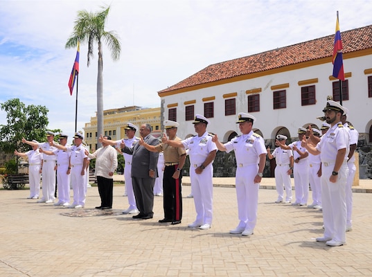 Senior leaders from 20 partner nations pose for a photograph with the U.S. Secretary of the Navy Carlos Del Toro, at the Colombian Naval Museum, Cartagena, Colombia on the official opening day of exercise UNITAS LXIV, July 12, 2023. UNITAS, which is Latin for ‘unity,’ is the world's longest-running annual multinational maritime exercise that brings together forces from 20 countries to include Belize, Brazil, Canada, Chile, Colombia, Dominican Republic, Ecuador, France, Germany, Honduras, Jamaica, Mexico, Panama, Paraguay, Peru, Spain, South Korea, United Kingdom, Uruguay, and the United States. UNITAS is the world's longest-running annual multinational maritime exercise that focuses on enhancing interoperability among multiple nations and joint forces during littoral and amphibious operations in order to build on existing regional partnerships and create new enduring relationships that promote peace, stability and prosperity in the U.S. Southern Command’s area of responsibility. (U.S. Marine Corps photo by Maj. Jeremy Wheeler)
