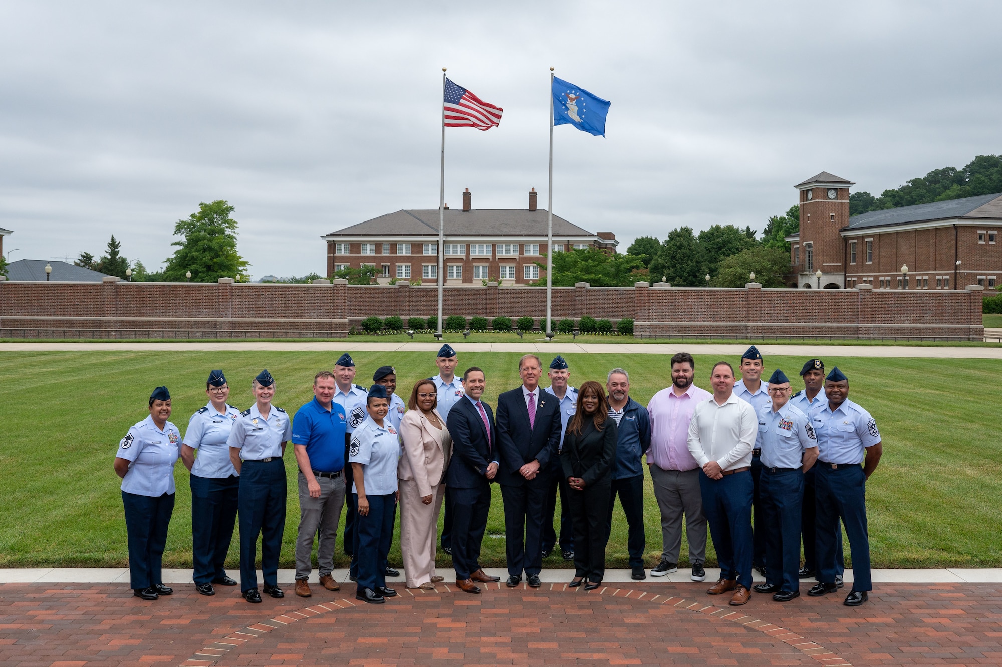 11th Wing and Joint Base Anacostia-Bolling leaders and honorary commanders pose for a photo after the 11th Wing Honorary Commander Induction Ceremony, May 30, 2023, JBAB, Washington, D.C. The 11th Wing Honorary Commander Program pairs commanders and civic
leaders to strengthen the bond between the base and the community through the exchange of ideas, increased understanding of the armed forces and advocacy for mutually beneficial initiatives. (U.S. Air Force photo by Kristen Wong)