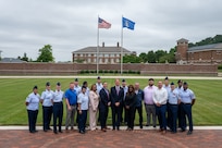 11th Wing and Joint Base Anacostia-Bolling leaders and honorary commanders pose for a photo after the 11th Wing Honorary Commander Induction Ceremony, May 30, 2023, JBAB, Washington, D.C. The 11th Wing Honorary Commander Program pairs commanders and civic
leaders to strengthen the bond between the base and the community through the exchange of ideas, increased understanding of the armed forces and advocacy for mutually beneficial initiatives. (U.S. Air Force photo by Kristen Wong)