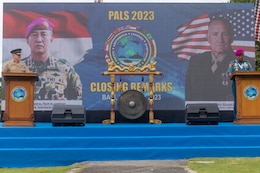 U.S. Marine Corps Lt. Gen. William M. Jurney, left, commander, U.S. Marine Corps Forces, Pacific, and Indonesian Marine Corps Maj. Gen. Nur Alamsyah, commandant, Korps Marinir Republik Indonesia, deliver remarks during the closing ceremony of the Pacific Amphibious Leaders Symposium, Bali, Indonesia, July 13, 2023. PALS strengthens our interoperability and working relationships across a wide range of military operations – from humanitarian assistance and disaster relief to complex expeditionary operations. This year's symposium hosted senior leaders from 24 participating nations who are committed to a free and open Indo-Pacific, with the objective of strengthening and developing regional relationships.