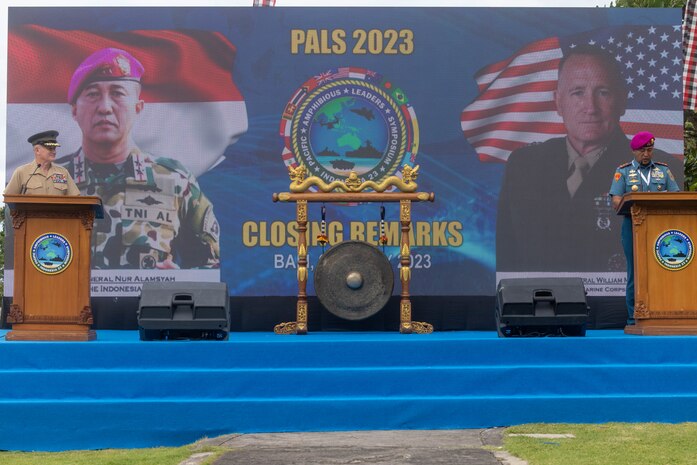 U.S. Marine Corps Lt. Gen. William M. Jurney, left, commander, U.S. Marine Corps Forces, Pacific, and Indonesian Marine Corps Maj. Gen. Nur Alamsyah, commandant, Korps Marinir Republik Indonesia, deliver remarks during the closing ceremony of the Pacific Amphibious Leaders Symposium, Bali, Indonesia, July 13, 2023. PALS strengthens our interoperability and working relationships across a wide range of military operations – from humanitarian assistance and disaster relief to complex expeditionary operations. This year's symposium hosted senior leaders from 24 participating nations who are committed to a free and open Indo-Pacific, with the objective of strengthening and developing regional relationships.
