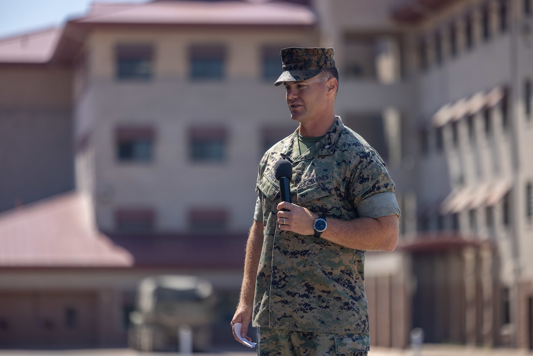 U.S. Marine Corps Lt. Col. Thomas Carey, the outgoing commanding officer of Advanced Infantry Training Battalion, School of Infantry -West, delivers his remarks during a change of command ceremony on Marine Corps Base Camp Pendleton, California, July 7, 2023. During the ceremony, Carey relinquished command to Lt. Col. Lonnie Wilson, the incoming commanding officer. AITB, SOI-West, trains, coaches, and qualifies entry-level Marines and Sailors in reconnaissance and advanced infantry skills to fight and win in current and future operating environments.  (U.S. Marine Corps photo by Sgt. Andrew Cortez)