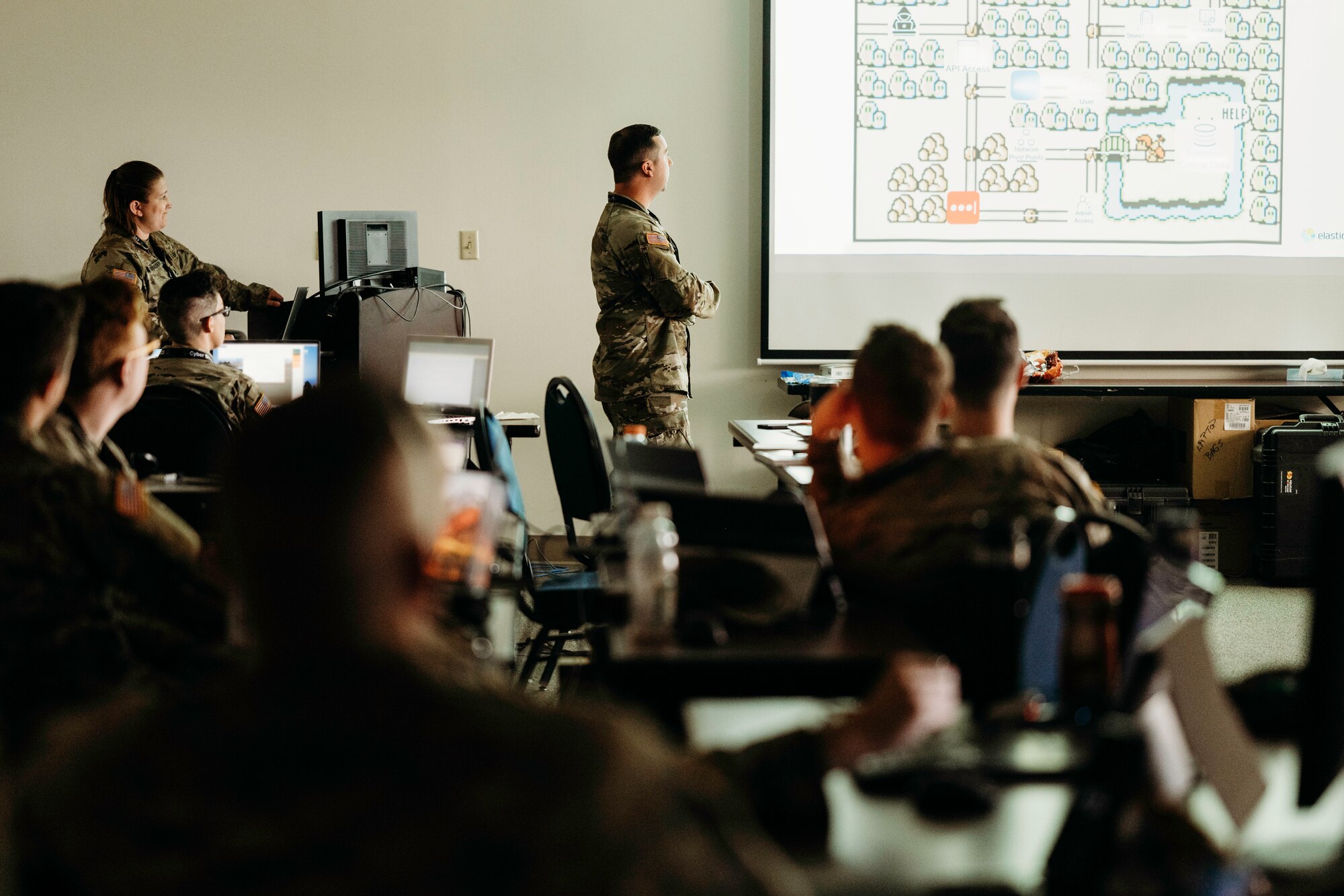 Team members with the 169th Cyber Protection Team, Maryland National Guard, instruct a class on intruder attack methods using a Mario Brothers illustration.  More than 800 National Guard Soldiers, Airmen, and civilian cyber professionals from around the world gather during this year’s Cyber Shield Training exercise at the Professional Education Center, Little Rock Ark., June 2-16, 2023