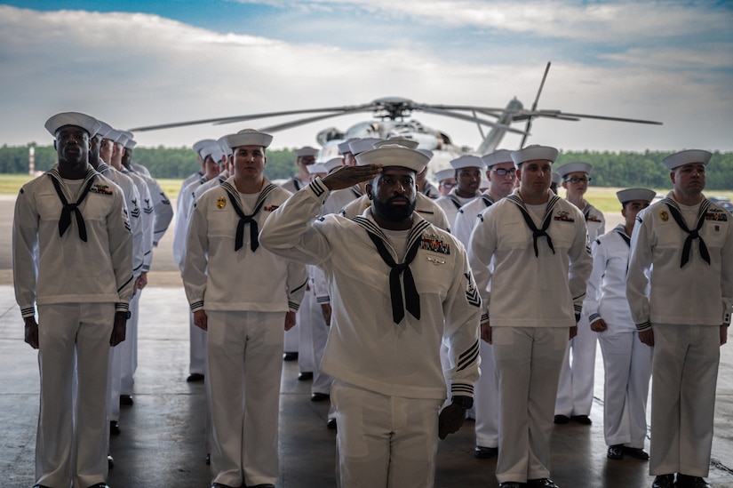 U.S. Navy Capt. Frank T. Ingargiola bids farewell to Sailors assigned to Naval Support Activity Lakehurst at Joint Base McGuire-Dix-Lakehurst, N.J., July 13, 2023. Rear Adm. Wesley R. McCall relieved Ingargiola of his orders, allowing Capt. James B. Howell to assume command. (U.S. Air Force photo by Senior Airman Sergio Avalos)