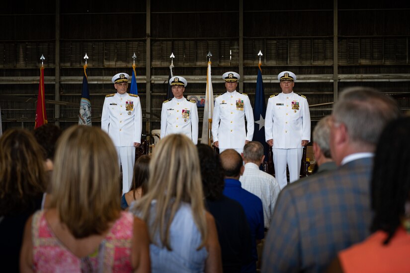 U.S. Navy Capt. Frank T. Ingargiola bids farewell to Sailors assigned to Naval Support Activity Lakehurst at Joint Base McGuire-Dix-Lakehurst, N.J., July 13, 2023. Rear Adm. Wesley R. McCall relieved Ingargiola of his orders, allowing Capt. James B. Howell to assume command. (U.S. Air Force photo by Senior Airman Sergio Avalos)