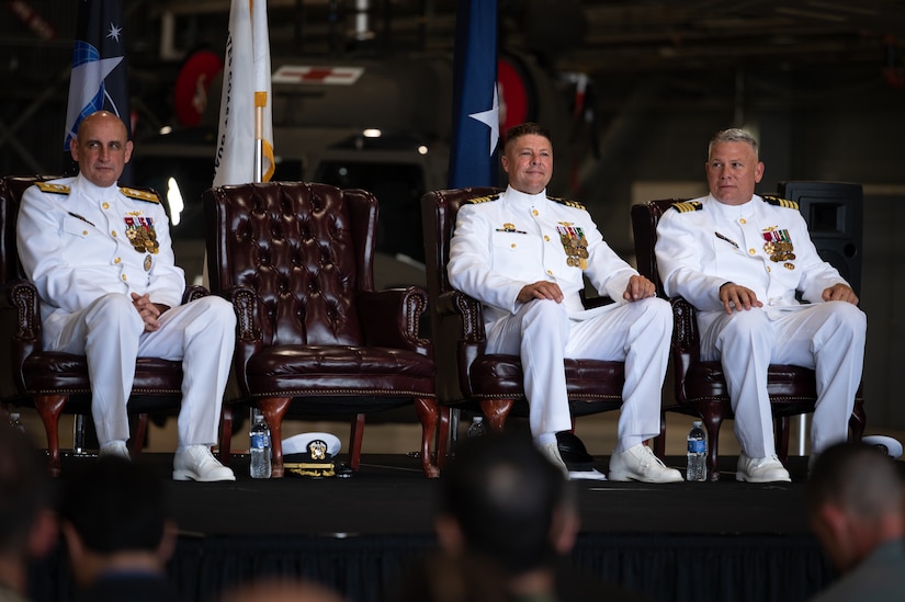 U.S. Navy Capt. Frank T. Ingargiola bids farewell to Sailors assigned to Naval Support Activity Lakehurst at Joint Base McGuire-Dix-Lakehurst, N.J., July 13, 2023. Rear Adm. Wesley R. McCall relieved Ingargiola of his orders, allowing Capt. James B. Howell to assume command. (U.S. Air Force photo by Senior Airman Sergio Avalos)