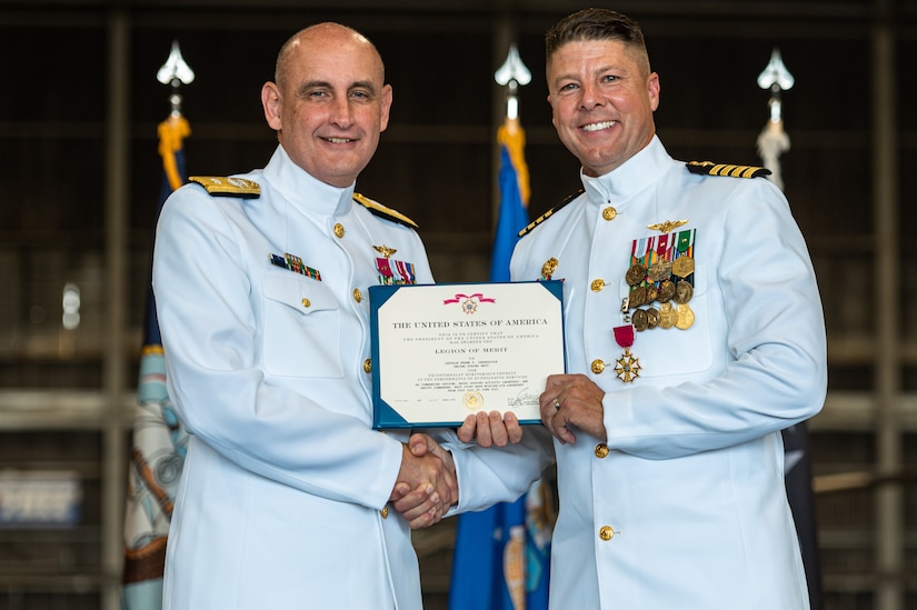 U.S. Navy Capt. Frank T. Ingargiola bids farewell to Sailors assigned to Naval Support Activity Lakehurst at Joint Base McGuire-Dix-Lakehurst, N.J., July 13, 2023. Rear Adm. Wesley R. McCall relieved Ingargiola of his orders, allowing Capt. James B. Howell to assume command. (U.S. Air Force photo by Senior Airman Sergio Avalos)