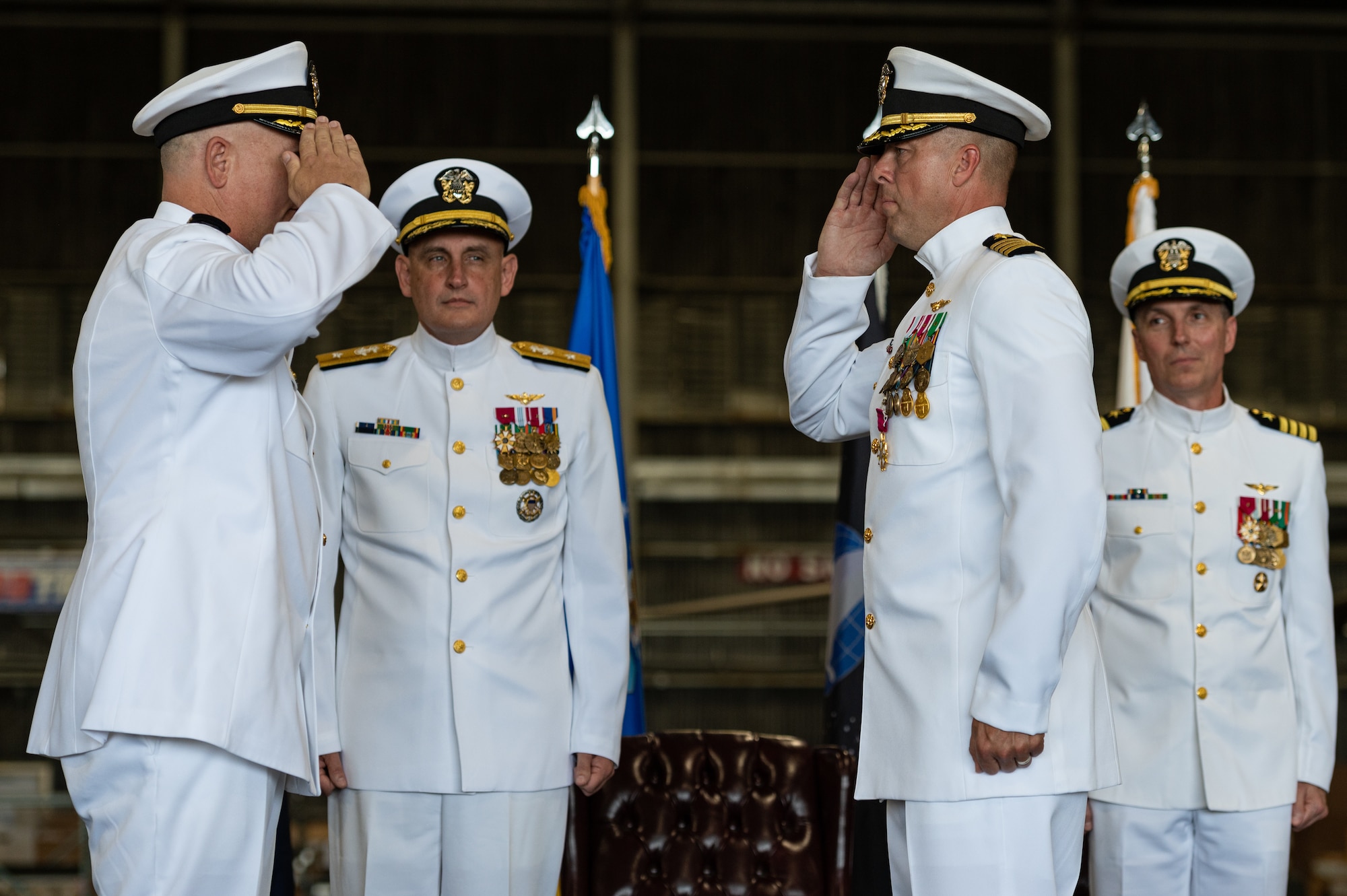 U.S. Navy Capt. Frank T. Ingargiola bids farewell to Sailors assigned to Naval Support Activity Lakehurst at Joint Base McGuire-Dix-Lakehurst, N.J., July 13, 2023. Rear Adm. Wesley R. McCall relieved Ingargiola of his orders, allowing Capt. James B. Howell to assume command. (U.S. Air Force photo by Senior Airman Sergio Avalos)