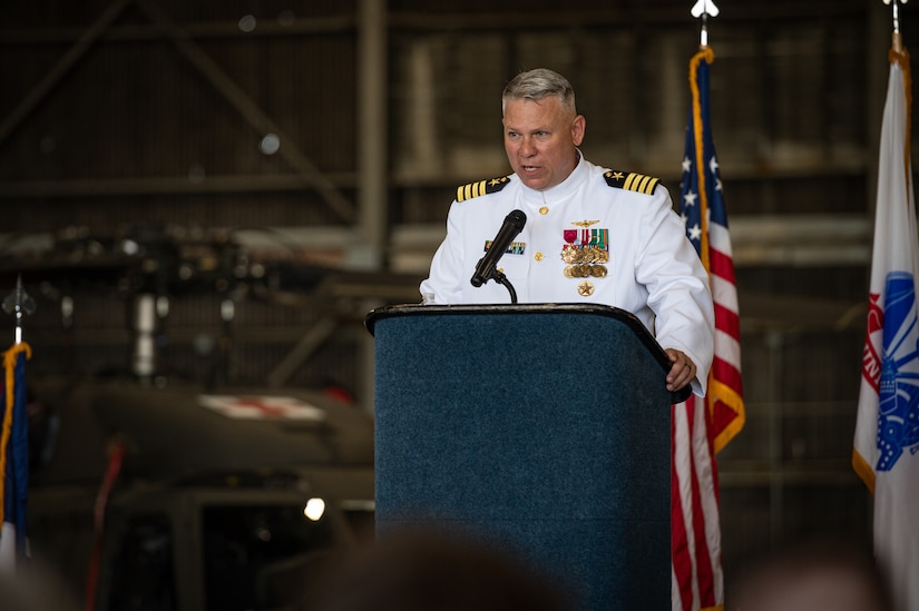 U.S. Navy Capt. Frank T. Ingargiola bids farewell to Sailors assigned to Naval Support Activity Lakehurst at Joint Base McGuire-Dix-Lakehurst, N.J., July 13, 2023. Rear Adm. Wesley R. McCall relieved Ingargiola of his orders, allowing Capt. James B. Howell to assume command. (U.S. Air Force photo by Senior Airman Sergio Avalos)