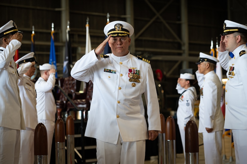 U.S. Navy Capt. Frank T. Ingargiola bids farewell to Sailors assigned to Naval Support Activity Lakehurst at Joint Base McGuire-Dix-Lakehurst, N.J., July 13, 2023. Rear Adm. Wesley R. McCall relieved Ingargiola of his orders, allowing Capt. James B. Howell to assume command. (U.S. Air Force photo by Senior Airman Sergio Avalos)