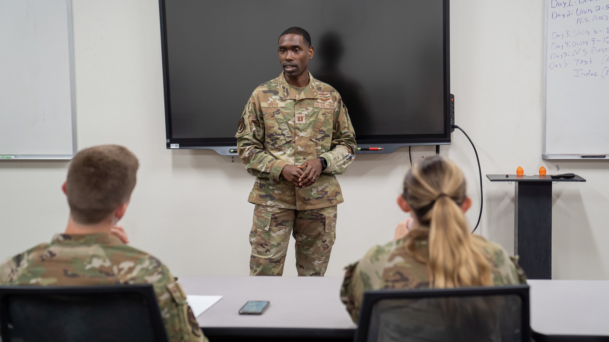 U.S. Air Force Capt. Armand Green, 333rd Training Squadron instructor supervisor, begins classroom introductions at Stennis Hall on Keesler Air Force Base, Mississippi, July 13, 2023. The 333rd TRS teaches Undergraduate Cyber Training, Cyber Warfare Operations, IT Fundamentals and Spectrum Operations. (U.S. Air Force photo by Senior Airman Kimberly L. Touchet)