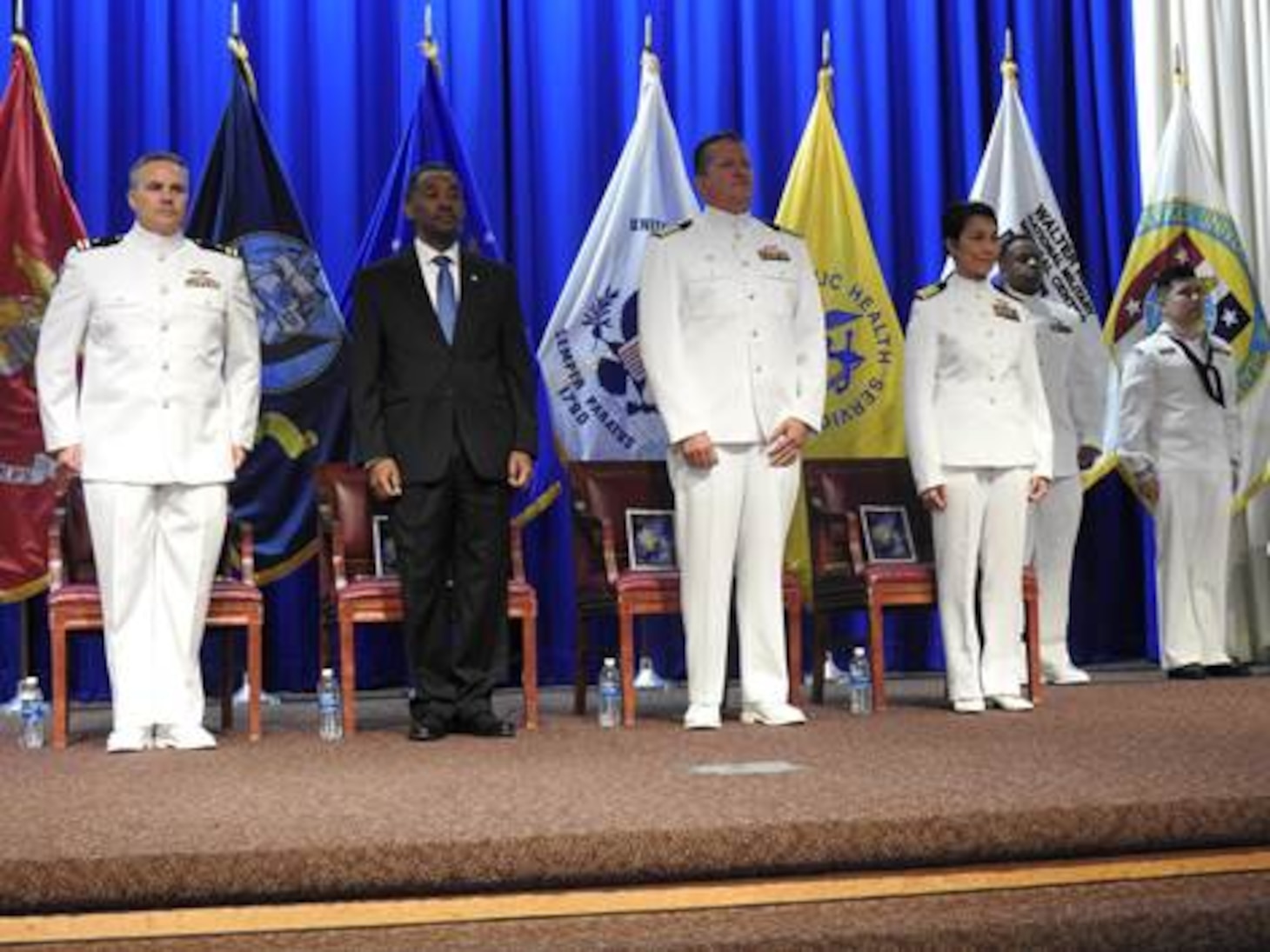 Naval Postgraduate Dental School (NPDS) students graduated on June 9th, 2023, with CAPT Steven M. Stokes, Dean of NPDS, as Master of Ceremonies. Distinguished guests joining the Dean on stage were CAPT Walter D. Brafford, Dental Corps Chief and Commander, Naval Medical Forces Support Command who delivered the commencement remarks and Dr. Jonathan Woodson, President of the Uniformed Services University of the Health Sciences.