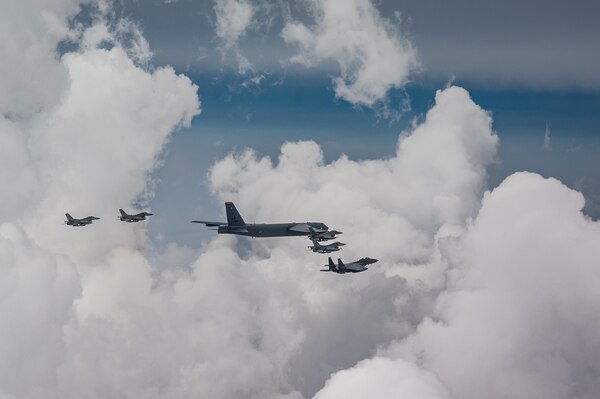 The Republic of Korea and U.S. Air Force fighter aircraft escort a U.S. Air Force B-52H Stratofortress over the Republic of Korea during a combined aerial training event July 13, 2023