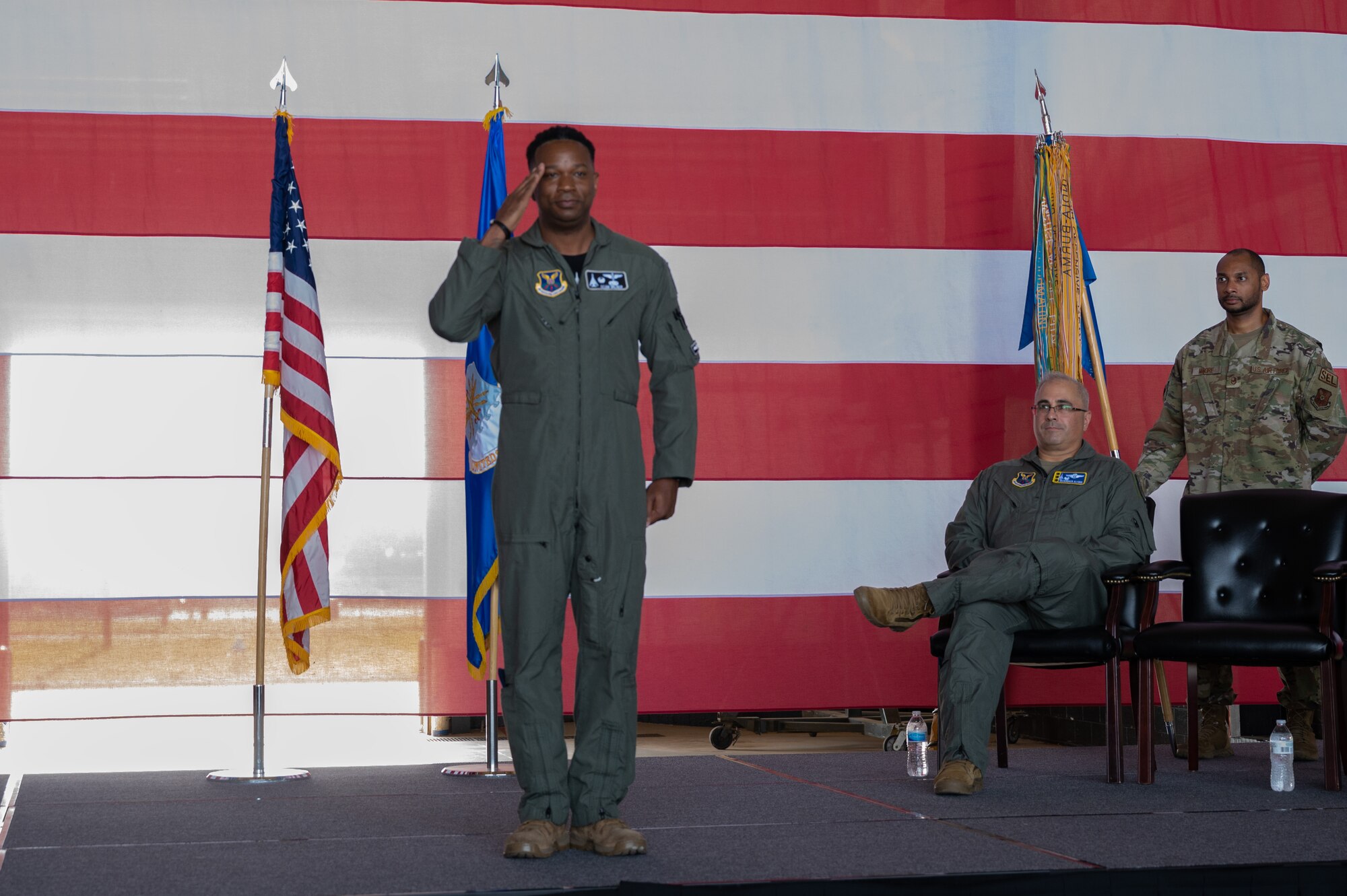 U.S. Air Force Lt. Col. Brian Milner, 9th Bomb
Squadron commander, renders his first salute during
the 9th BS change of command at Dyess Air Force
Base, Texas, July 7, 2023. Milner is in charge of
leading the 9th BS which is the oldest active bomb
squadron in the Air Force and maintains combat
readiness to ensure delivery of rapid and decisive
airpower on a large scale in support of conventional
warfare taskings around the world. (U.S. Air Force
photo by Airman 1st Class Alondra Cristobal
Hernandez)