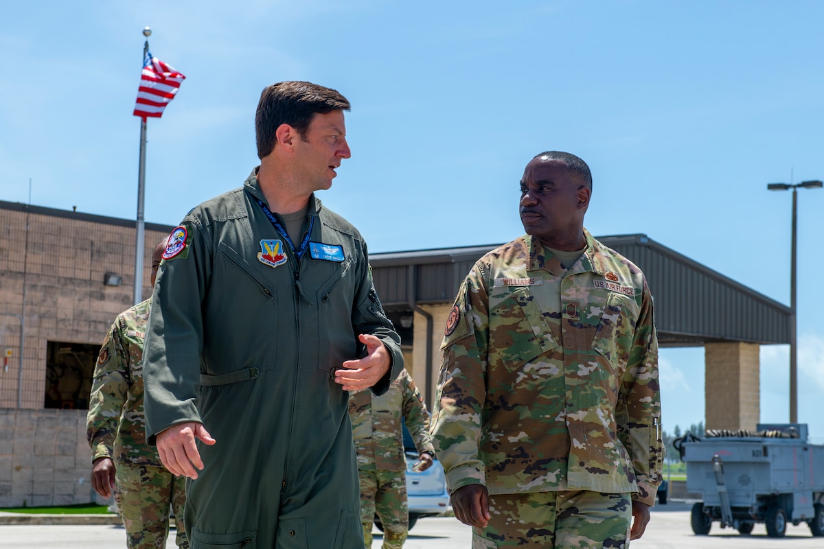 U.S. Air Force Lt. Col. Christopher Ball, left, commander of the 125th Operations Group Detachment 1, hosts a tour for Chief Master Sgt. Maurice Williams, command chief, Air National Guard, during a visit at Homestead Air Reserve Base, Florida, July 11, 2023.