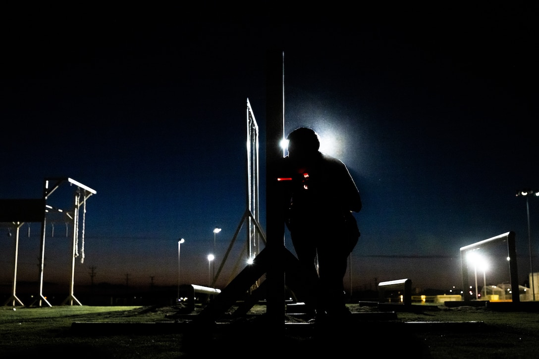 A U.S. Marine Corps student with Marine Corps Communications Electronics School engages his opponents during a laser tag event hosted by the Readiness and Deployment Support Program at Marine Corps Air-Ground Combat Center, Twentynine Palms, California, June 16, 2023. Jessica Rathbun with the Readiness and Deployment Support Program sets up events for Marines and their families to provide entertainment, build comradery, and teach them about deployment readiness support. (U.S. Marine Corps photo by Cpl. Jonathan Willcox)