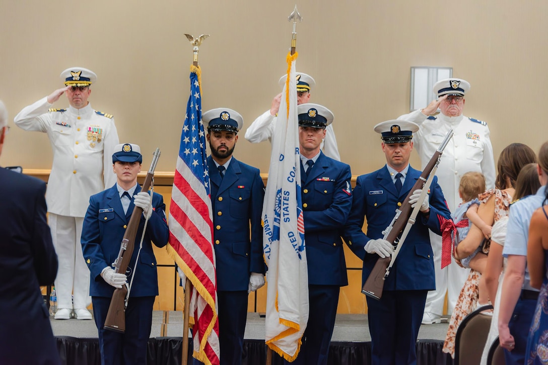 A Coast Guard Sector Charleston color guard team presents colors during a change-of-command ceremony in, Savannah, Georgia, July 13, 2023. MSU Savannah has a crew of 57 active duty, reserve, and civilian personnel that safeguards 116 miles of sensitive shoreline along the Georgia coast and covers 95 % of all navigable waterways in Georgia. (U.S. Coast Guard courtesy photo)