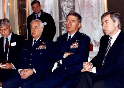 Front row, left to right: Col. Vance Renfroe, Brig. Gen. Tom Lennon, Lt. Gen. Conaway, and U.S. Ambassador to Latvia, Hon. Ints M. Silins; back row, Col. Wayne Gosnell at a conference session, November 1992.