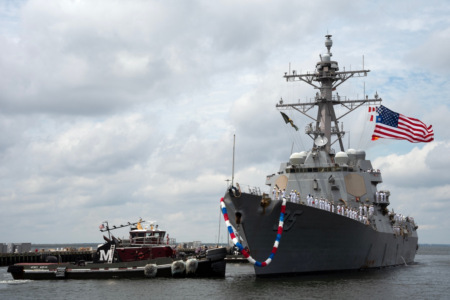NORFOLK, Va. - The Arleigh Burke-class guided-missile destroyer USS James E. Williams (DDG 95) returns to Naval Station Norfolk following a seven-month NATO deployment, July 14, 2023. James E. Williams served as the flagship for Standing NATO Maritime Group (SNMG) 2. (U.S. Navy photo by Mass Communication Specialist 1st Class Jacob T. Waldrop)