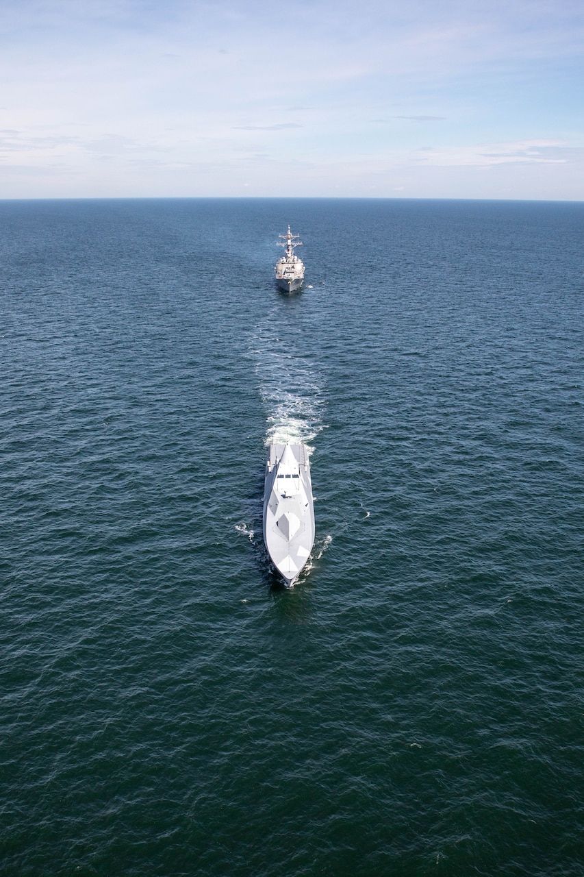 230712-N-QI593-1103 BALTIC SEA (July 12, 2023) The Swedish Navy Visby-class corvette HSwMS Härnösand (K 33), front, and the Arleigh Burke-class guided-missile destroyer USS Roosevelt (DDG 80) steam in formation during Neptune Strike 23-2, in the Baltic Sea, July 12, 2023. Roosevelt is participating in Neptune Strike 23-2, a multiyear effort focused on the integration of U.S. and NATO allied and partner international force to provide assurance, deterrence, and collective defense for the Alliance and STRIKFORNATO. (U.S. Navy photo by Mass Communication Specialist 2nd Class Elexia Morelos)