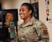 Tech. Sgt. Jennel Edwards, 91st Security Forces Group evaluator, communicates via radio at Minot Air Force Base, North Dakota, July 14, 2023. Edwards was recognized by Air Force Global Strike Command as the NCO of the Year for 2022. (U.S. Air Force photo by Airman 1st Class Kyle Wilson)