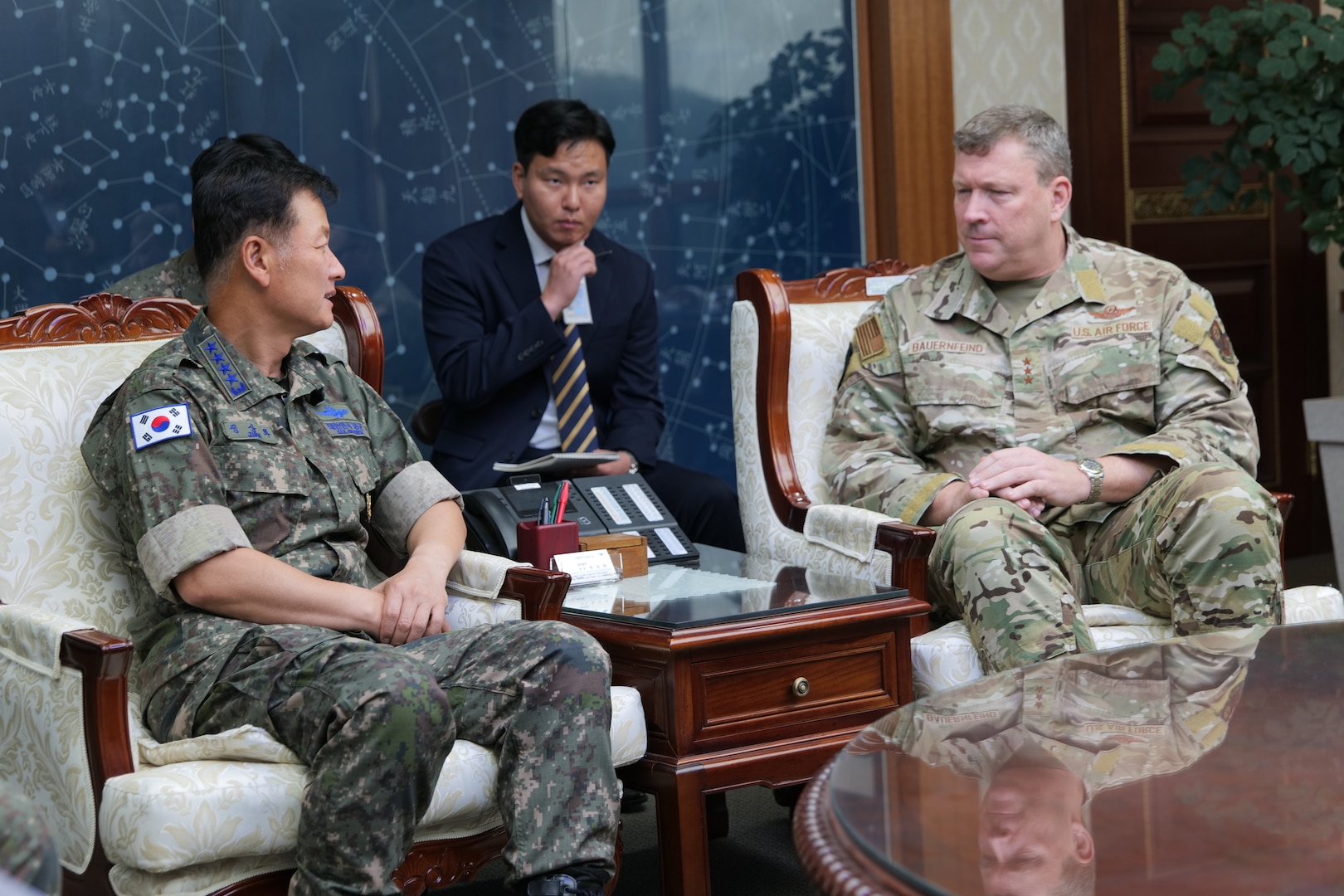 Republic of Korea Air Force Gen. Sang-hwa Jung, Chief of Staff of the Air Force, highlights the unique capabilities of his forces for U.S. Air Force Lt. Gen. Tony Bauernfeind, Air Force Special Operations Command commander, at the ROKAF headquarters in Korea on July 13, 2023. The two leaders focused much of their discussion on the iron-clad, 70-year-old ROK-U.S. Alliance and the need to adapt to evolving threats in the region. (U.S. Air Force photo by Maj. Christopher Mesnard)