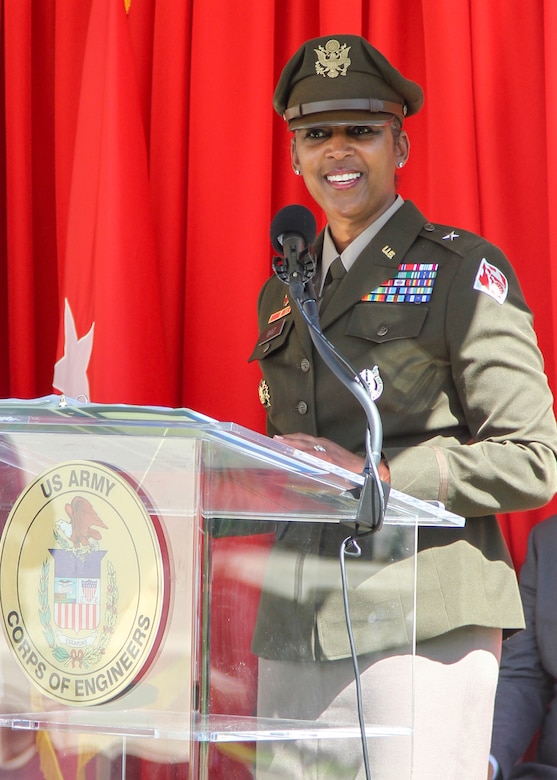 Brig. Gen. Antoinette Gant, U.S. Army Corps of Engineers South Pacific Division commander, speaks during the U.S. Army Corps of Engineers Los Angeles District’s change of command ceremony July 14 at the LA District Base Yard in South El Monte, California. Gant served as presiding officer for the ceremony.