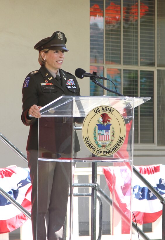Col. Julie Balten, outgoing commander of the U.S. Army Corps of Engineers Los Angeles District, center, speaks during the district’s change of command ceremony July 14 at the LA District Base Yard in South El Monte, California.